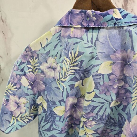 Vintage Shirt Womens Medium 90s Blue Purple Floral Button Up Short Sleeve Camp - Picture 6 of 9
